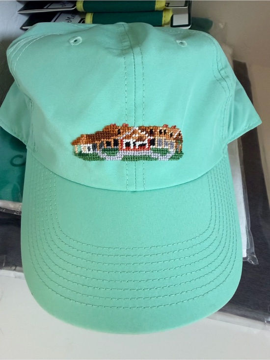 Other - Mint Green Baseball Cap with Embroidered Cottage Motif